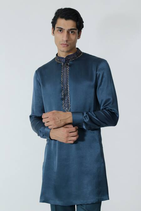 Buy_Chhaya Mehrotra_Blue Silk Satin, Gingham Rhinestones Midnight Embellished Kurta Set _Online_at_Aza_Fashions