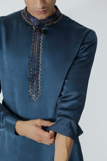 Shop_Chhaya Mehrotra_Blue Silk Satin, Gingham Rhinestones Midnight Embellished Kurta Set _Online_at_Aza_Fashions