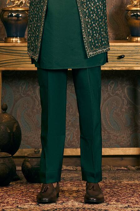 Tajiri_Green Cotton, Silk Sequins, Embroidery Floral Bandhgala Pant Set _Online_at_Aza_Fashions