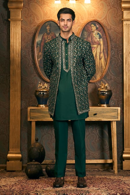 Buy_Tajiri_Green Cotton, Silk Sequins, Embroidery Floral Bandhgala Pant Set _Online_at_Aza_Fashions