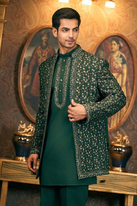 Shop_Tajiri_Green Cotton, Silk Sequins, Embroidery Floral Bandhgala Pant Set _Online_at_Aza_Fashions