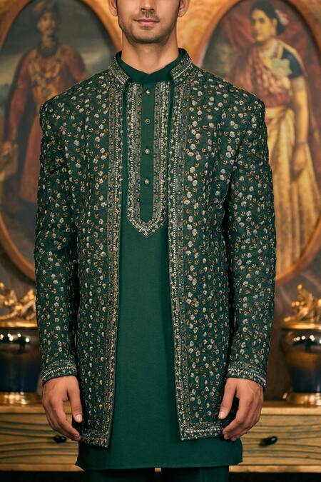 Tajiri_Green Cotton, Silk Sequins, Embroidery Floral Bandhgala Pant Set _at_Aza_Fashions