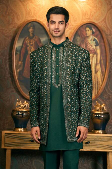 Buy_Tajiri_Green Cotton, Silk Sequins, Embroidery Floral Bandhgala Pant Set 