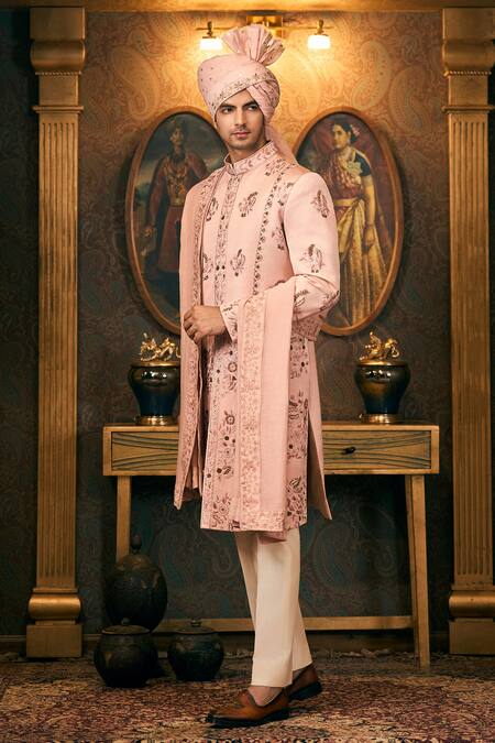 Shop_Tajiri_Pink Silk, Satin, Chanderi, Cotton Embroidery, Zari Floral Sherwani Set _Online_at_Aza_Fashions