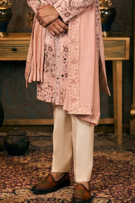Tajiri_Pink Silk, Satin, Chanderi, Cotton Embroidery, Zari Floral Sherwani Set _at_Aza_Fashions