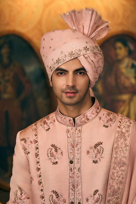 Buy_Tajiri_Pink Silk, Satin, Chanderi, Cotton Embroidery, Zari Floral Sherwani Set 