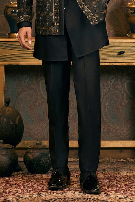 Buy_Tajiri_Black Silk, Cotton Stones, Embroidery Kantha Jacket And Kurta Set _Online_at_Aza_Fashions