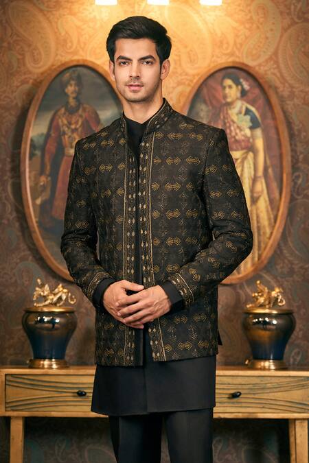 Shop_Tajiri_Black Silk, Cotton Stones, Embroidery Kantha Jacket And Kurta Set _Online_at_Aza_Fashions