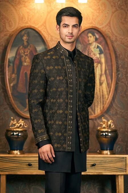 Tajiri_Black Silk, Cotton Stones, Embroidery Kantha Jacket And Kurta Set _at_Aza_Fashions