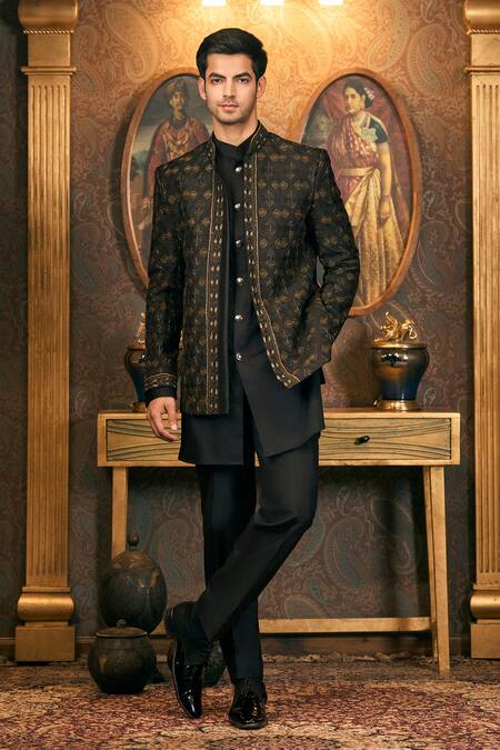 Buy_Tajiri_Black Silk, Cotton Stones, Embroidery Kantha Jacket And Kurta Set 