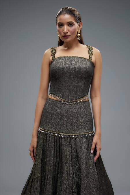 Rocky Star Black Polyester, Polyurethane Crystals Square Tassel Embellished Lehenga Set Online at Aza Fashions Rocky Star_Black Polyester, Polyurethane Crystals Square Tassel Embellished Lehenga Set _Online_at_Aza_Fashions