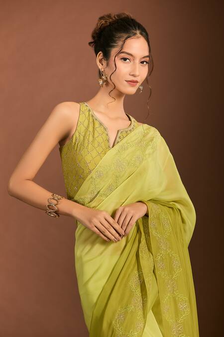Buy_Meghna Shah_Green Organza, Embroidery Split V-neck Bahar Ombre Saree Set _Online_at_Aza_Fashions