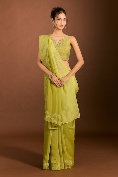 Shop_Meghna Shah_Green Organza, Embroidery Split V-neck Bahar Ombre Saree Set _Online_at_Aza_Fashions
