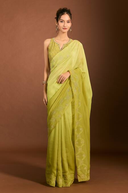 Meghna Shah_Green Organza, Embroidery Split V-neck Bahar Ombre Saree Set _at_Aza_Fashions