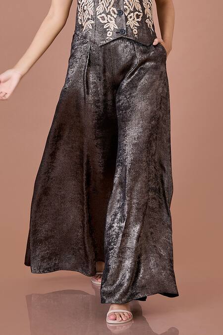Dilnaz_Black Blended Satin Foil Textured Metallic Shimmer Flared Trouser _Online_at_Aza_Fashions