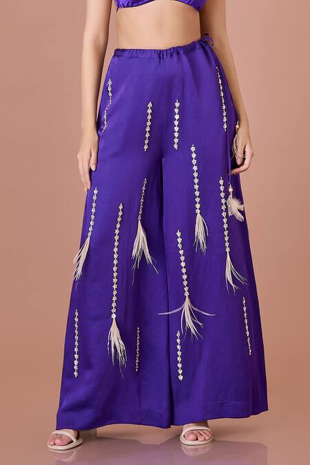 Shop Dilnaz Purple Blended Linen Embellished Feather Tassel Flared Trouser Online at Aza Fashions Shop_Dilnaz_Purple Blended Linen Embellished Feather Tassel Flared Trouser_Online_at_Aza_Fashions