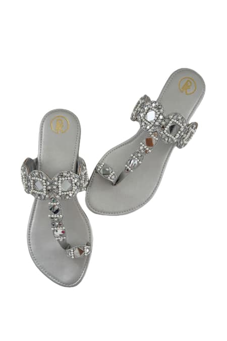 PREET KAUR Silver Mirror Hand Embroidered Kolhapuri Flats 