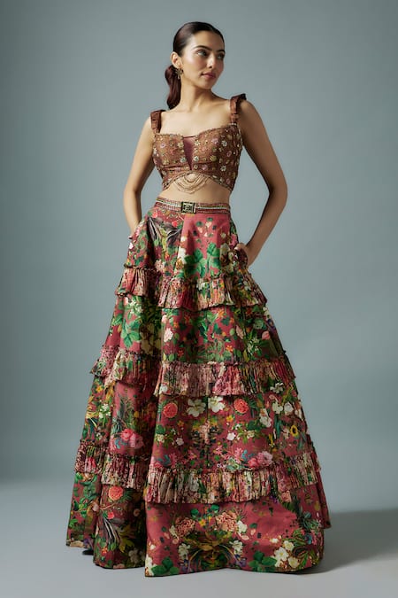 Rocky Star Maroon Brocade, Silk Embroidery Sweetheart Neck Bloom Print Frilly Lehenga Set 
