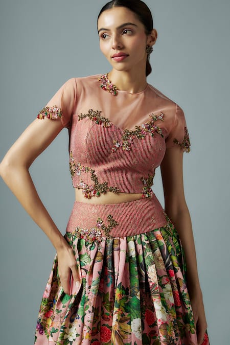 Buy_Rocky Star_Pink Brocade, Silk Embroidery Open Neck Blossom Print Lehenga And Blouse _Online_at_Aza_Fashions