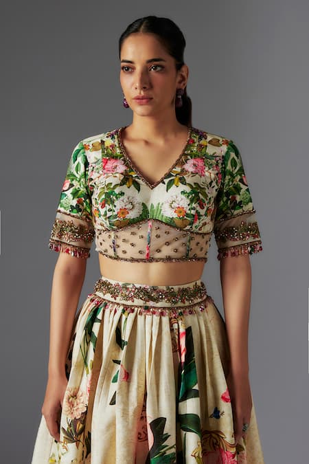 Buy_Rocky Star_Ivory Silk Beads, Sequins V-neck Botanical Print Frilly Hem Lehenga Set _Online_at_Aza_Fashions