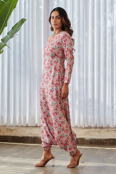 Shop_Pasha India X AZA_Gray Rayon One Shoulder Floral Dhoti Jumpsuit _Online_at_Aza_Fashions