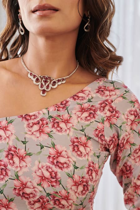 Pasha India X AZA_Gray Rayon One Shoulder Floral Dhoti Jumpsuit _at_Aza_Fashions