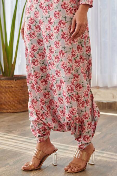 Buy_Pasha India X AZA_Gray Rayon One Shoulder Floral Dhoti Jumpsuit 