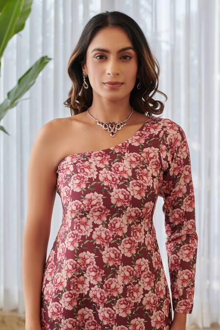 Buy_Pasha India X AZA_Burgundy Rayon One Shoulder Floral Dhoti Jumpsuit _Online_at_Aza_Fashions