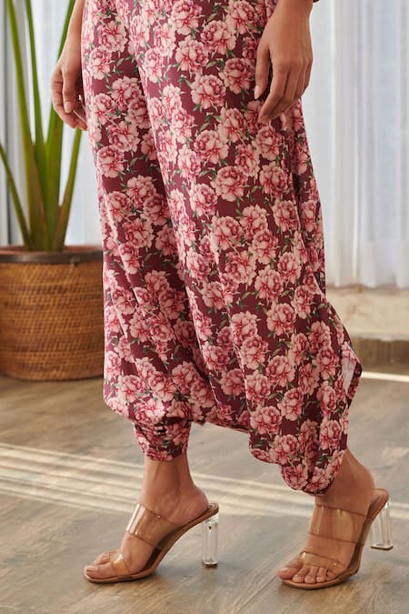 Shop_Pasha India X AZA_Burgundy Rayon One Shoulder Floral Dhoti Jumpsuit _Online_at_Aza_Fashions