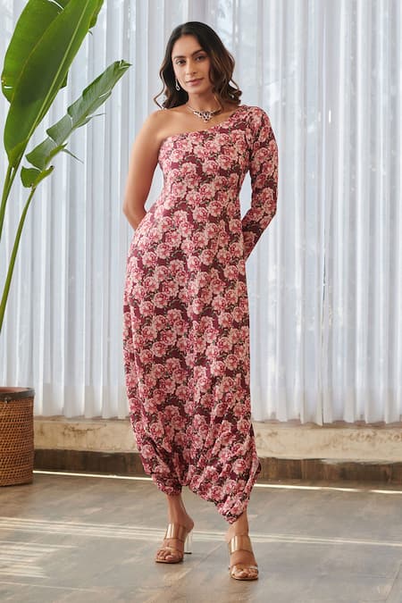 Pasha India X AZA_Burgundy Rayon One Shoulder Floral Dhoti Jumpsuit _at_Aza_Fashions