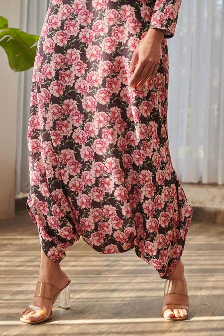 Pasha India X AZA_Brown Rayon One Shoulder Floral Dhoti Style Jumpsuit _at_Aza_Fashions