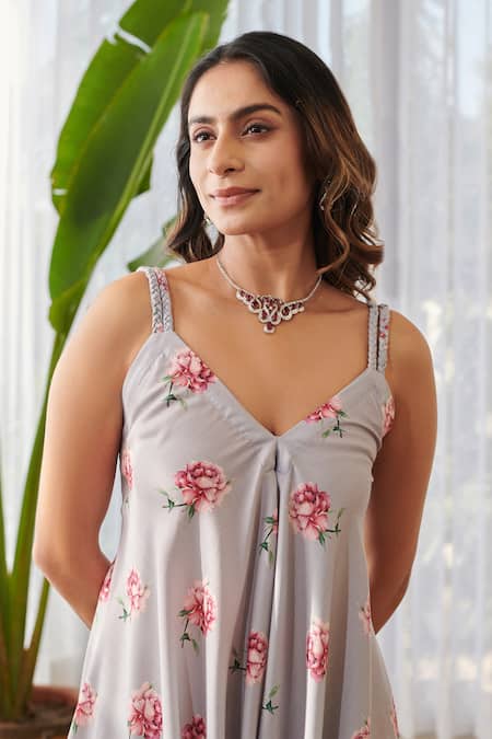 Buy_Pasha India X AZA_Gray Rayon Embroidery V-neck Floral Print Draped Palazzo Jumpsuit _Online_at_Aza_Fashions