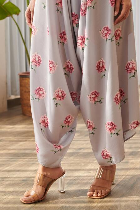 Shop_Pasha India X AZA_Gray Rayon Embroidery V-neck Floral Print Draped Palazzo Jumpsuit _Online_at_Aza_Fashions