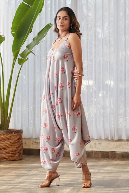 Pasha India X AZA_Gray Rayon Embroidery V-neck Floral Print Draped Palazzo Jumpsuit _at_Aza_Fashions