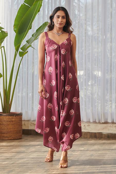 Buy_Pasha India X AZA_Burgundy Rayon V-neck Floral Print Palazzo Jumpsuit _Online_at_Aza_Fashions