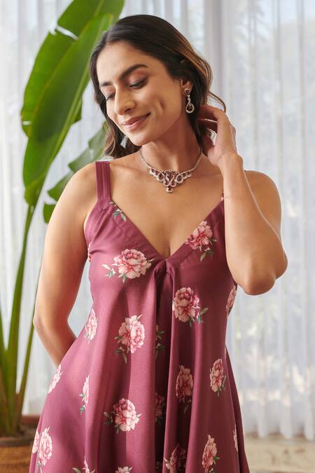 Shop_Pasha India X AZA_Burgundy Rayon V-neck Floral Print Palazzo Jumpsuit _Online_at_Aza_Fashions