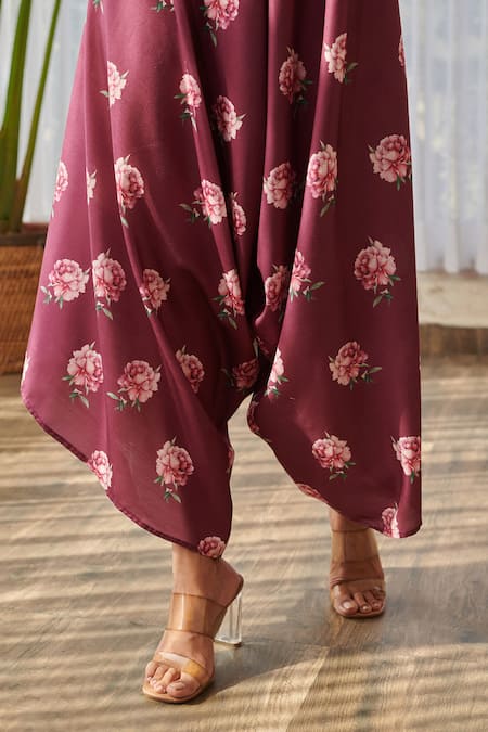 Pasha India X AZA_Burgundy Rayon V-neck Floral Print Palazzo Jumpsuit _at_Aza_Fashions