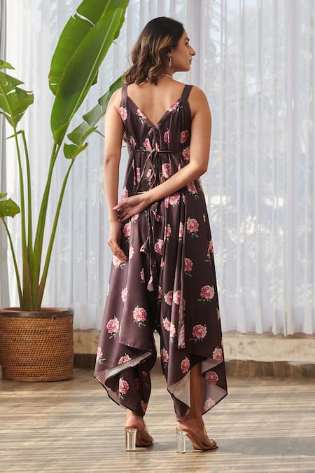 Pasha India X AZA Brown Rayon Embroidery V-neck Floral Print Draped Jumpsuit Online at Aza Fashions Pasha India X AZA_Brown Rayon Embroidery V-neck Floral Print Draped Jumpsuit _Online_at_Aza_Fashions