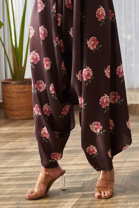 Buy Pasha India X AZA Brown Rayon Embroidery V-neck Floral Print Draped Jumpsuit Online at Aza Fashions Buy_Pasha India X AZA_Brown Rayon Embroidery V-neck Floral Print Draped Jumpsuit _Online_at_Aza_Fashions