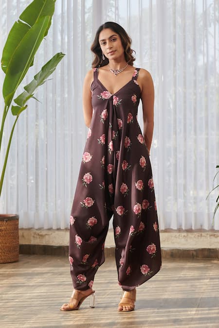 Pasha India X AZA Brown Rayon Embroidery V-neck Floral Print Draped Jumpsuit at Aza Fashions Pasha India X AZA_Brown Rayon Embroidery V-neck Floral Print Draped Jumpsuit _at_Aza_Fashions