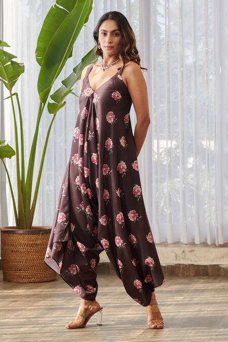 Buy Pasha India X AZA Brown Rayon Embroidery V-neck Floral Print Draped Jumpsuit Buy_Pasha India X AZA_Brown Rayon Embroidery V-neck Floral Print Draped Jumpsuit