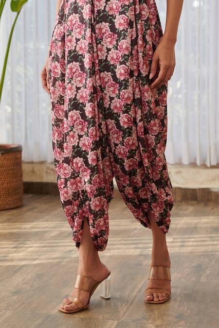 Buy_Pasha India X AZA_Burgundy Silk Round Neck Floral Cut-out Dhoti Jumpsuit _Online_at_Aza_Fashions