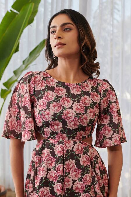 Shop_Pasha India X AZA_Burgundy Silk Round Neck Floral Cut-out Dhoti Jumpsuit _Online_at_Aza_Fashions