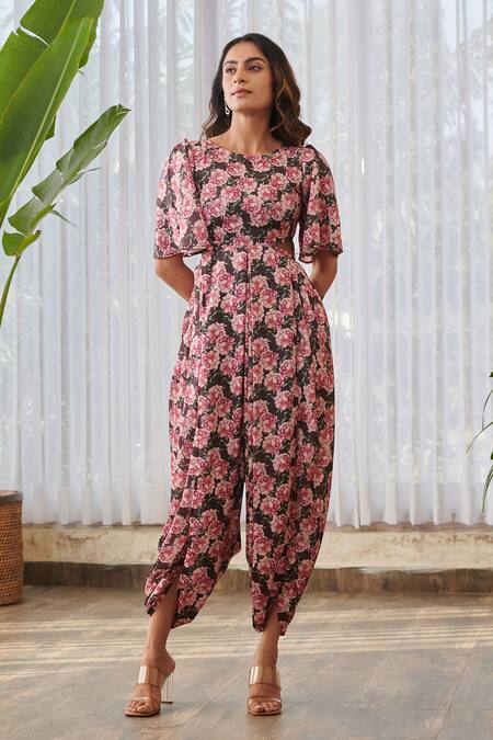 Pasha India X AZA_Burgundy Silk Round Neck Floral Cut-out Dhoti Jumpsuit _at_Aza_Fashions