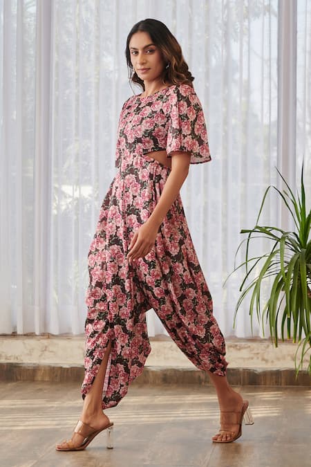 Buy_Pasha India X AZA_Burgundy Silk Round Neck Floral Cut-out Dhoti Jumpsuit 