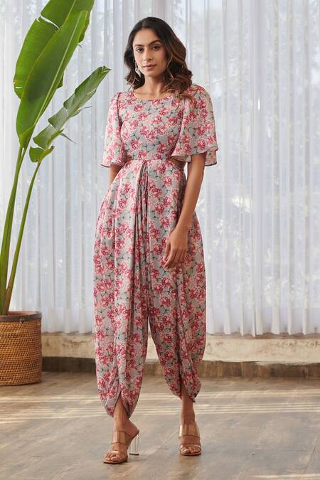 Buy Pasha India X AZA Gray Silk Embroidery Round Neck Floral Print Dhoti Jumpsuit Online at Aza Fashions Buy_Pasha India X AZA_Gray Silk Embroidery Round Neck Floral Print Dhoti Jumpsuit _Online_at_Aza_Fashions