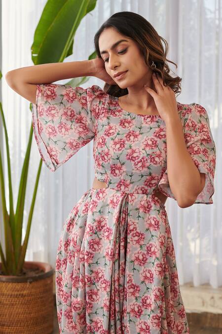 Shop Pasha India X AZA Gray Silk Embroidery Round Neck Floral Print Dhoti Jumpsuit Online at Aza Fashions Shop_Pasha India X AZA_Gray Silk Embroidery Round Neck Floral Print Dhoti Jumpsuit _Online_at_Aza_Fashions