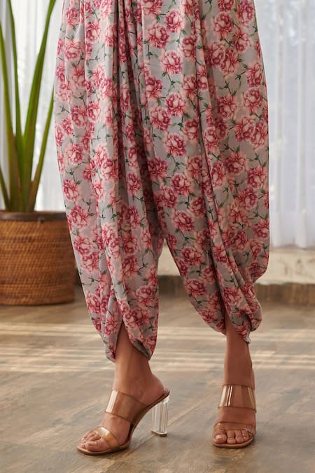 Pasha India X AZA Gray Silk Embroidery Round Neck Floral Print Dhoti Jumpsuit at Aza Fashions Pasha India X AZA_Gray Silk Embroidery Round Neck Floral Print Dhoti Jumpsuit _at_Aza_Fashions