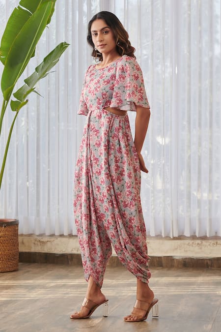 Buy Pasha India X AZA Gray Silk Embroidery Round Neck Floral Print Dhoti Jumpsuit Buy_Pasha India X AZA_Gray Silk Embroidery Round Neck Floral Print Dhoti Jumpsuit