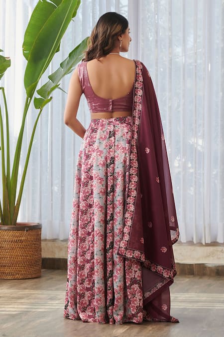 Pasha India X AZA_Burgundy Silk, Georgette Sequins, Embroidery Scoop Floral Gradient Lehenga Set _Online_at_Aza_Fashions